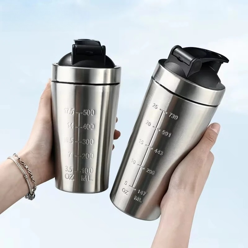 Protein Shaker Bottle - 1 Stück Edelstahl-Proteinpulver-Shaker-Flasche mit Kugelwaage, Auslaufsicher